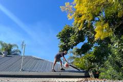 Walking on  a roof cleaning gutters with blower